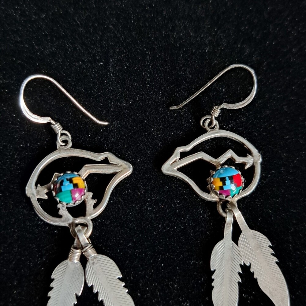 Vintage Southwestern Sterling Silver 925 Navajo Feather Colored Mosaic Earrings - Picture 6 of 9